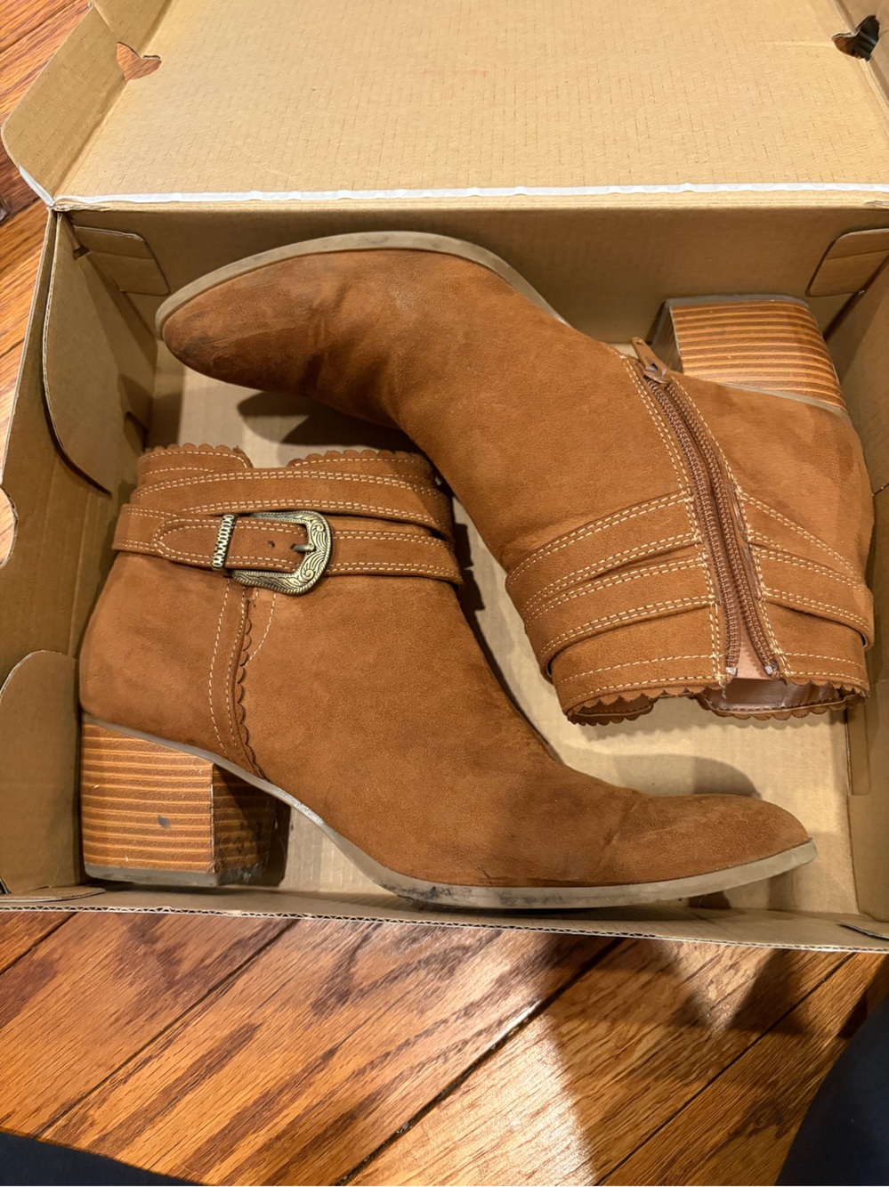 Women's Tan Suede Ankle Boots with Buckle Accent